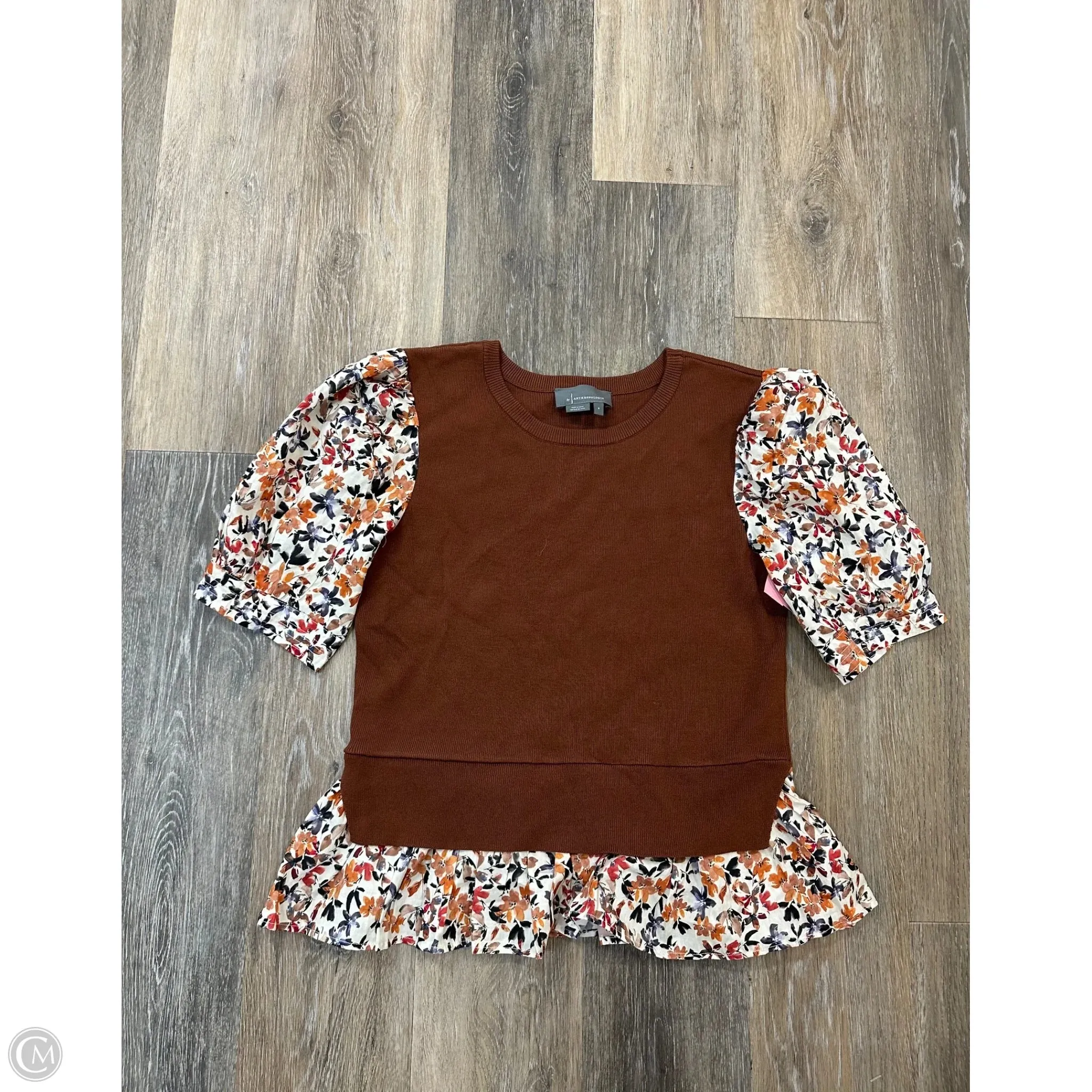 Blouse Short Sleeve By Anthropologie In Brown, Size: S Light Reflective Printing