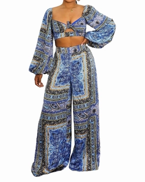 Cozy Thermal Insulation Bold Baroque Print Two-Piece Set Tie Front Crop & Wide Pants In Multi