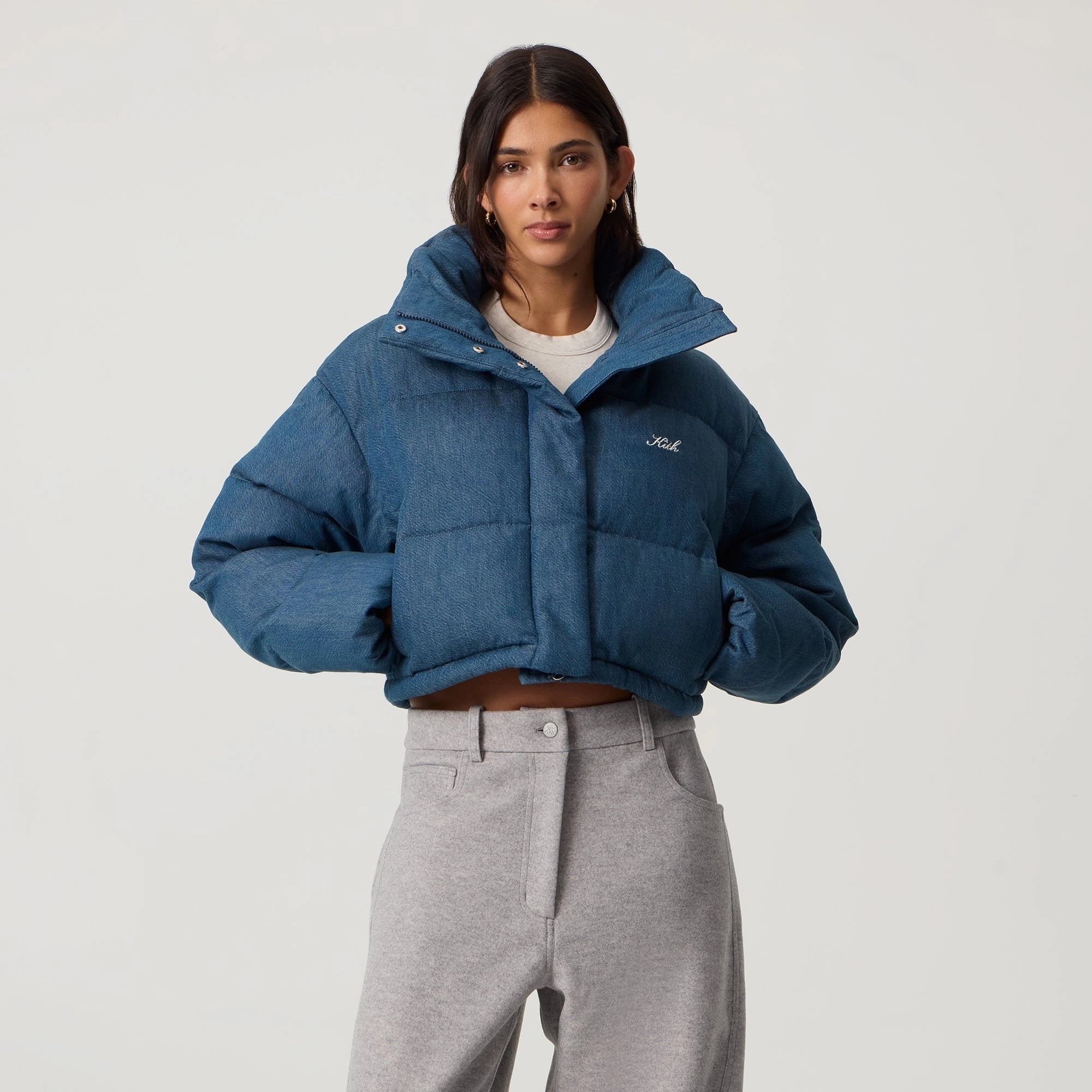 Kith Women Shae Tinted Denim Cropped Puffer - Luka Wash Glow In Dark Accents Temperature Regulating Fill