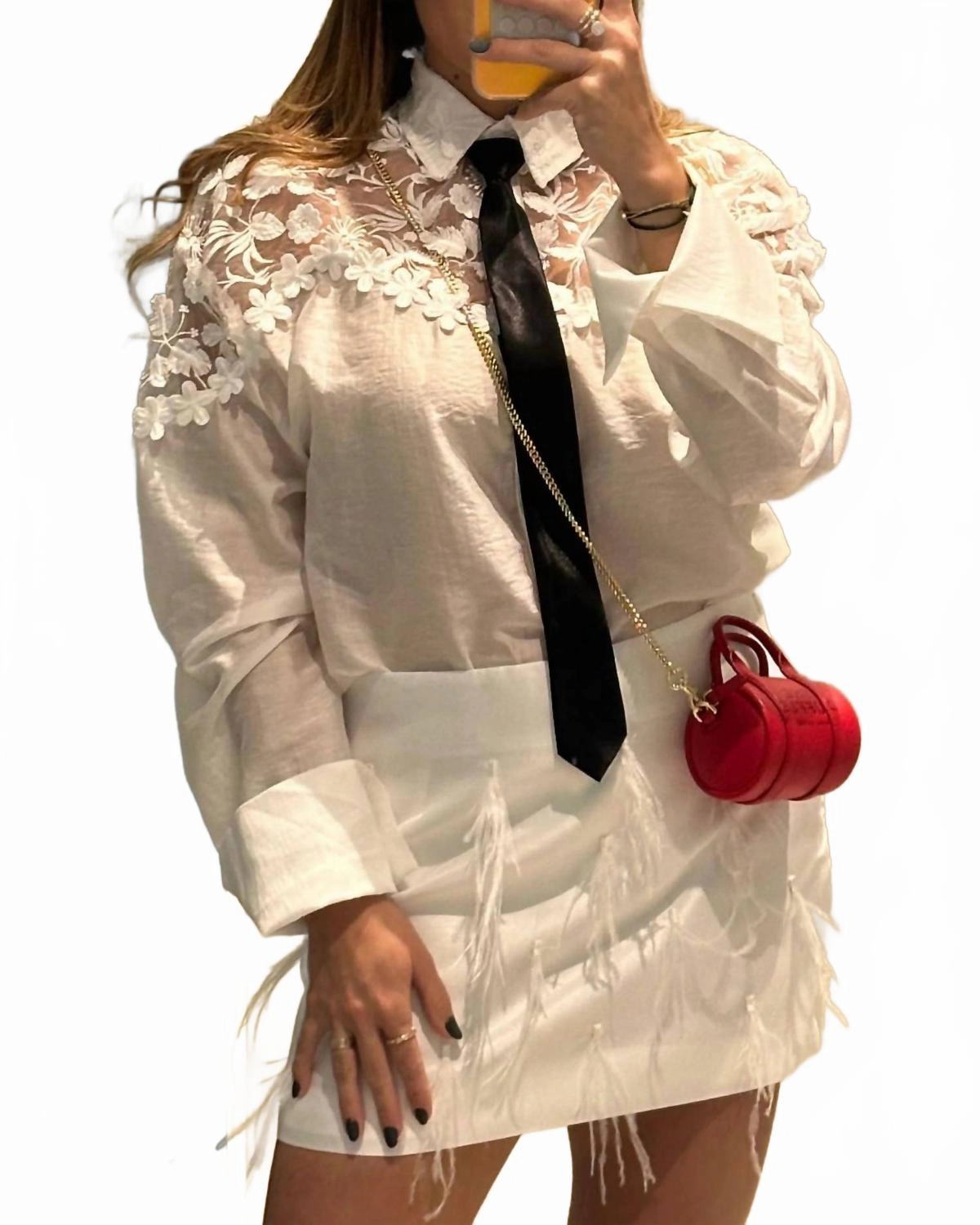 NoRoll Waistband Design WrinkleResistant Finish Bow Tie & Feathers Skirt Set In White