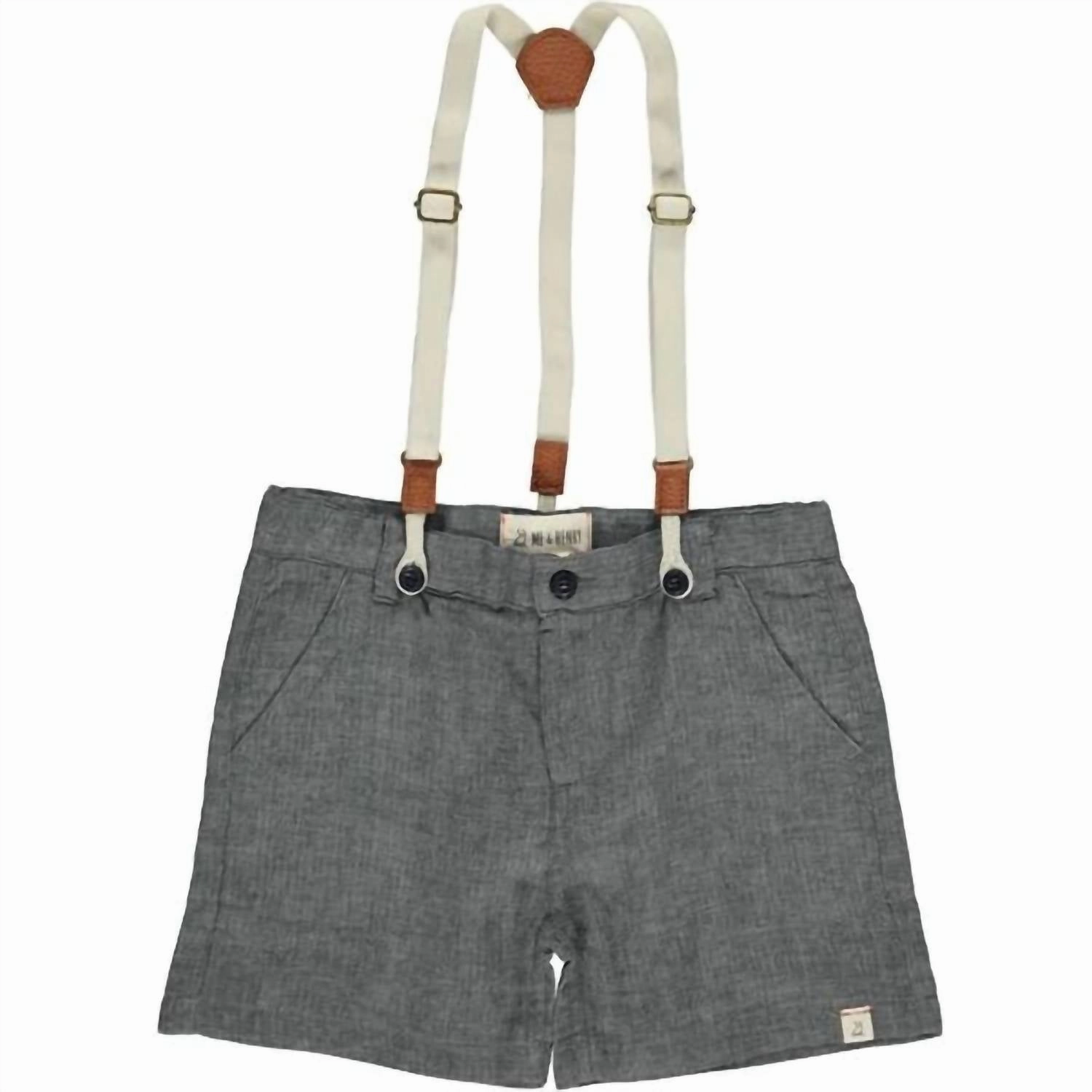 Boy's Captain Shorts With Removable Suspenders In Grey Gauze Convertible legs Plaid detail