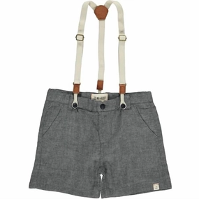Boy's Captain Shorts With Removable Suspenders In Grey Gauze Convertible legs Plaid detail