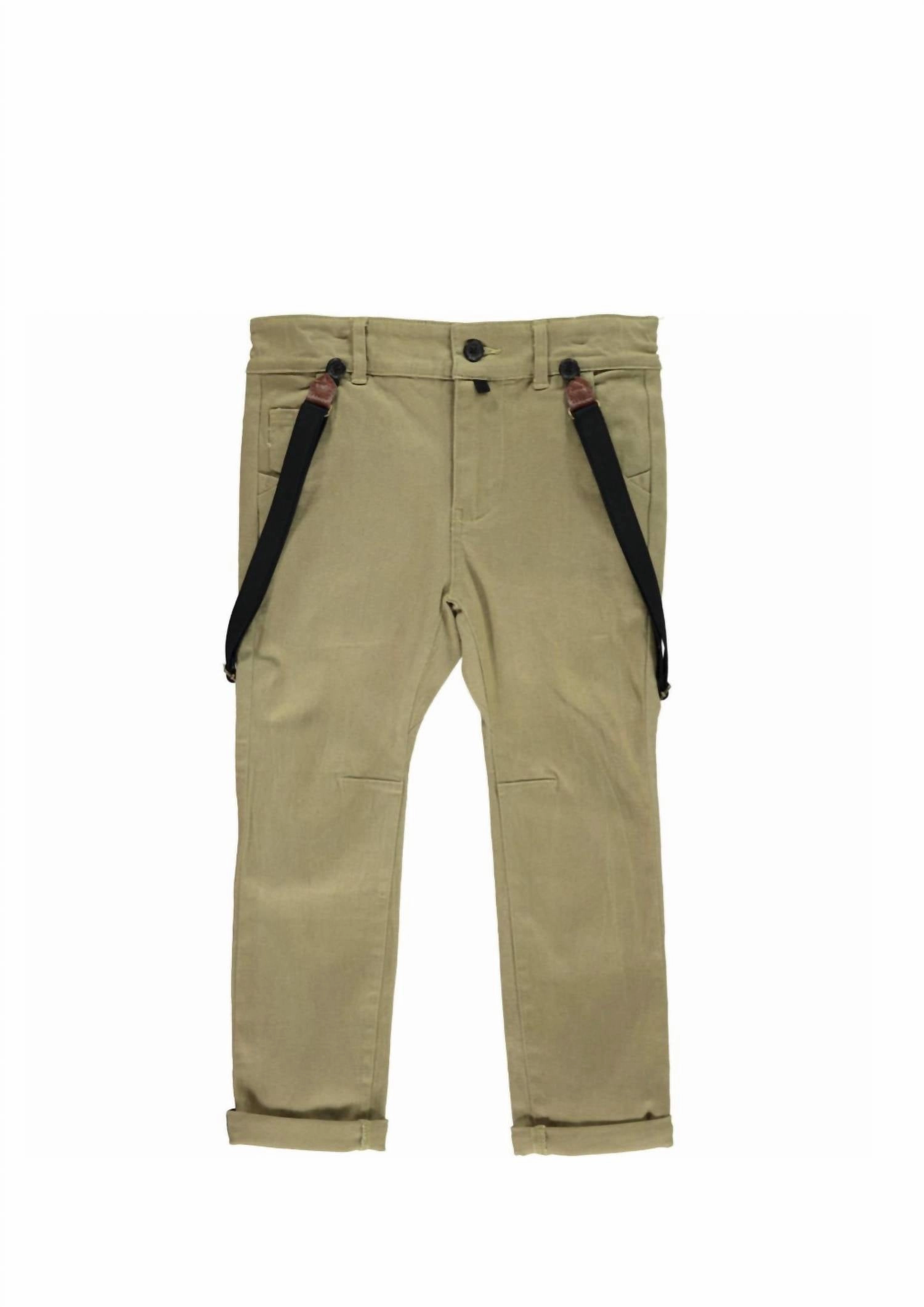 Boy's Woven Trousers With Removable Suspenders / Braces In Olive Khaki Flattering Waist