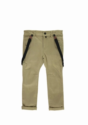 High Rise Design Boy's Woven Trousers With Removable Suspenders / Braces In Olive Khaki