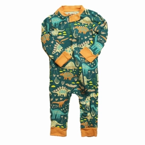 Piccolina Boys Green | Peach Dinosaurs 1-piece Non-footed Pajamas Convertible Features Plush Brushed Interior