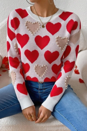 Butter Soft Handfeel BreathableBack Breathable Material Round Neck Heart Shape Pearl Beads Knit Sweater
