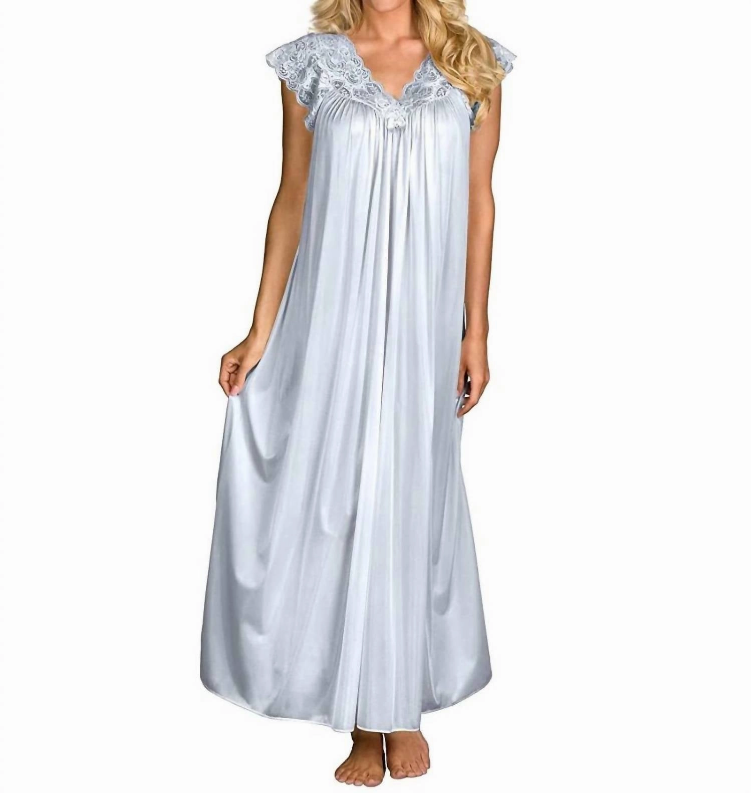 Breathable Material OdorResistant Technology Long Lace Cap Sleeve Nightgown In Silver