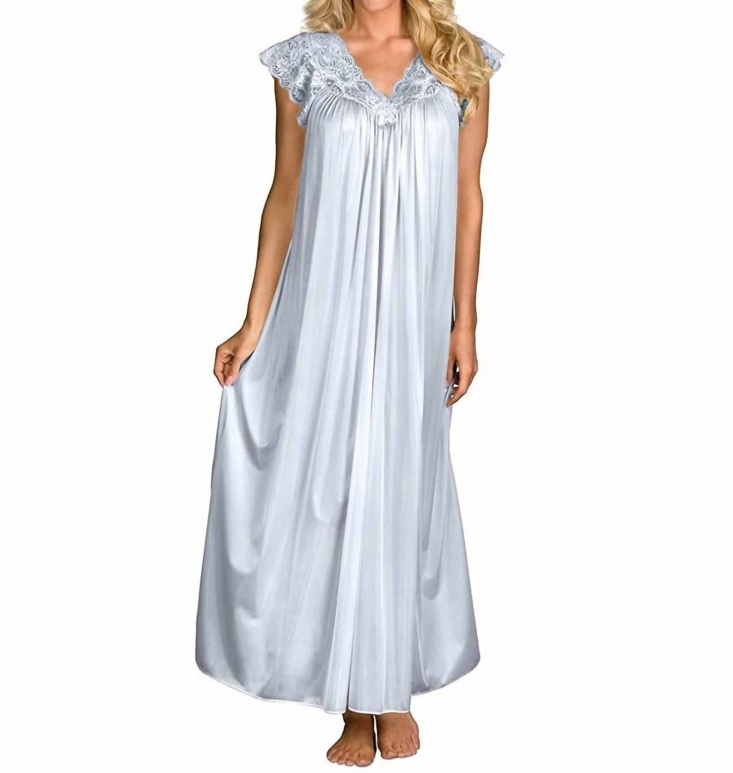 Long Lace Cap Sleeve Nightgown In Silver Microfiber Material