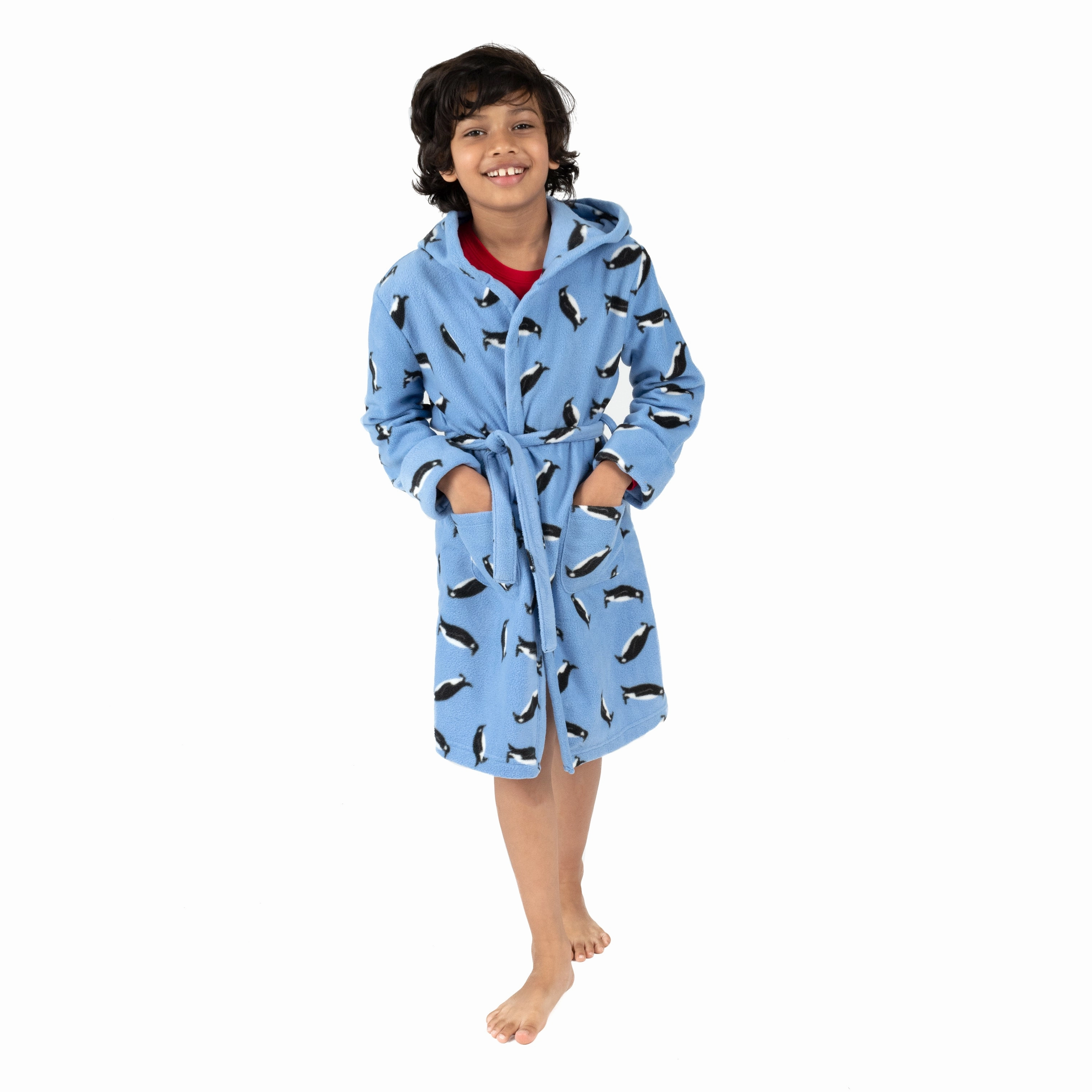 Christmas Kids Fleece Hooded Robe Penguin Hidden Stretch Panel