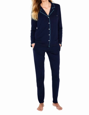 Brenda Long Sleeve Pajama Set -Plus In Midnight Blue Dropped Shoulder Cut