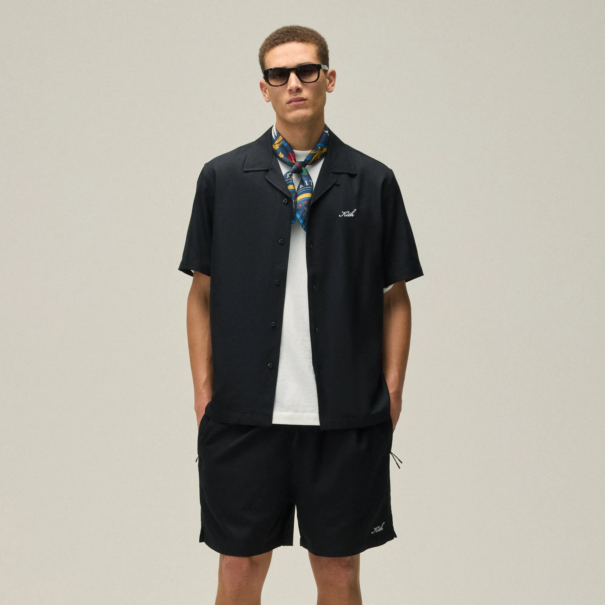 Urban Trend Seamless Side Panels Kith Silk Cotton Thompson Camp Collar Shirt - Black