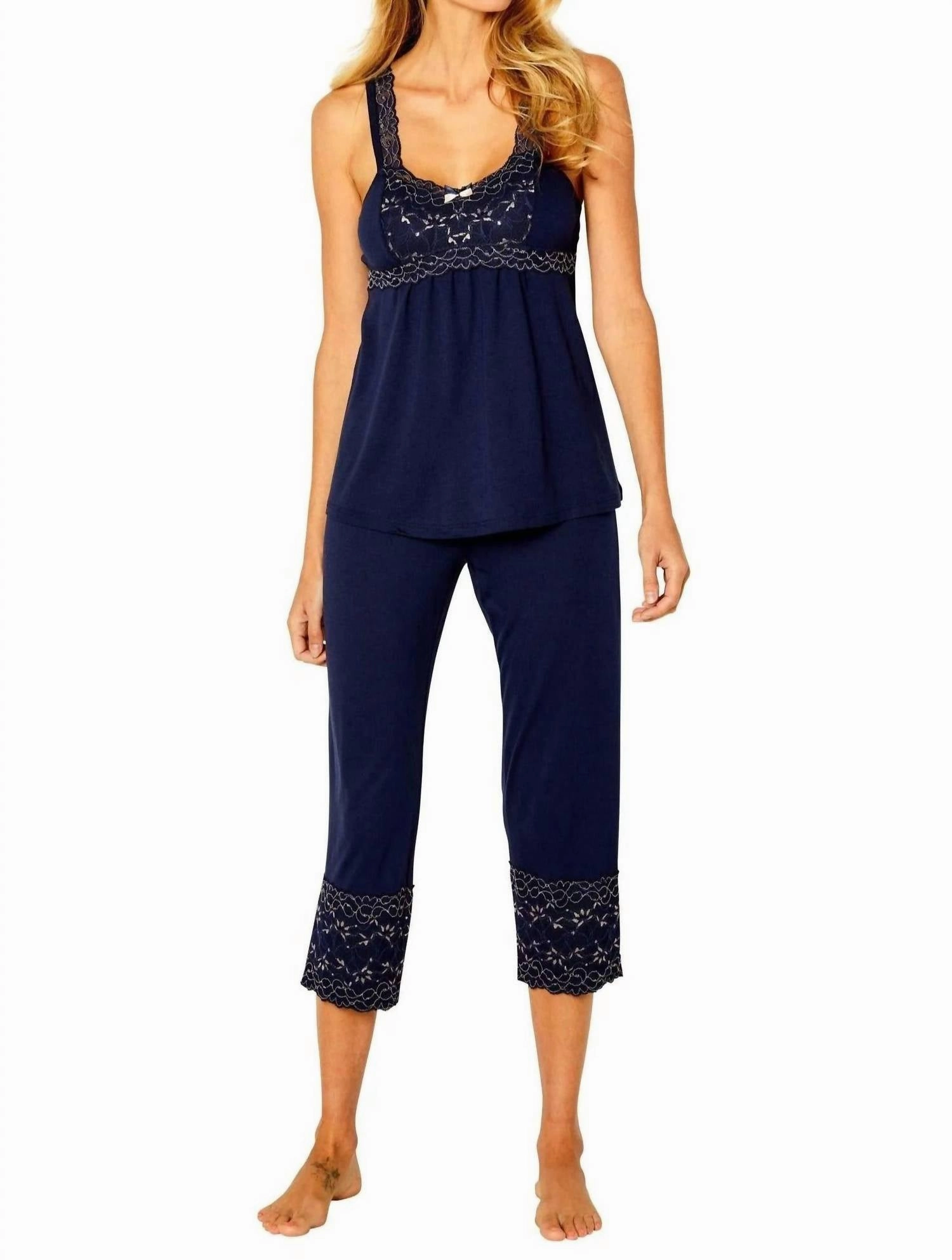 Stretch Material EcoFriendly Material Coco Tank Camisole Cropped Pant Pajama Set In Deep Sea