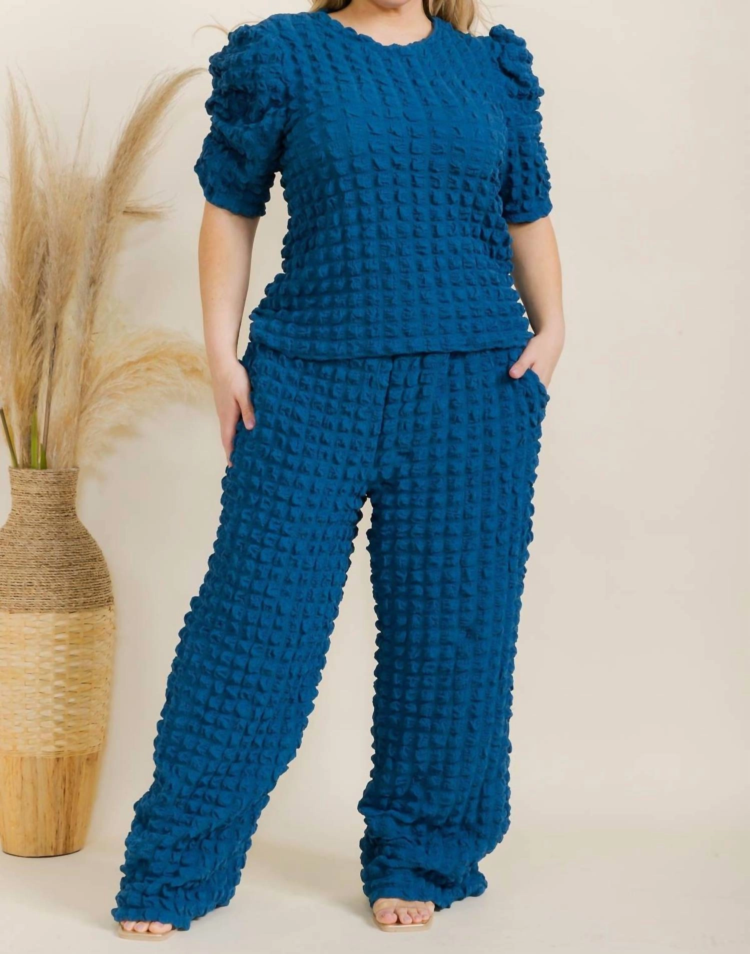 Bubble Textured Set In Blue Flatlock stitching Roomy Armholes