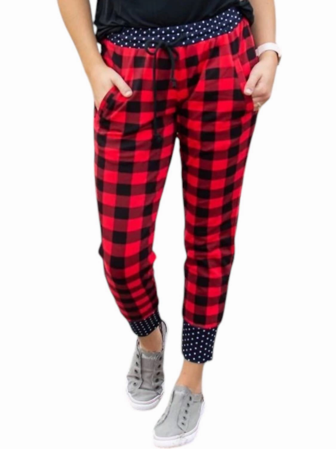 MultiPurpose Loungewear Buffalo Plaid And Polka Joggers In Red/black