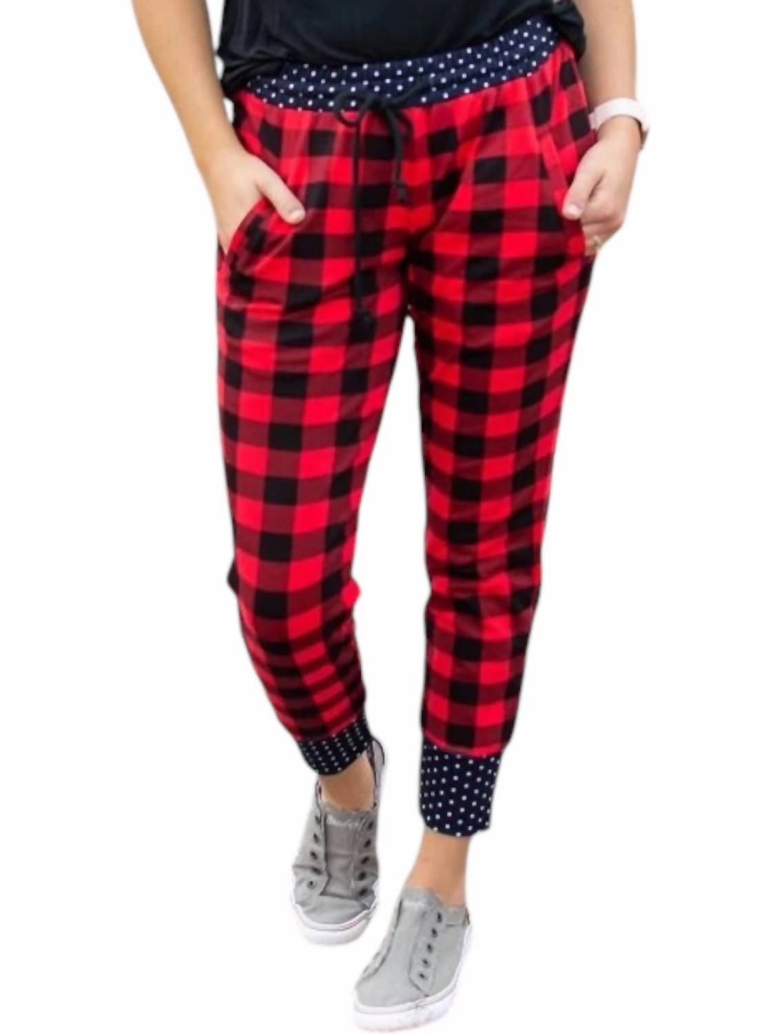Machine Washable Fabric EcoFriendly Material Buffalo Plaid And Polka Joggers In Red/black