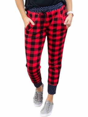 Machine Washable Fabric EcoFriendly Material Buffalo Plaid And Polka Joggers In Red/black