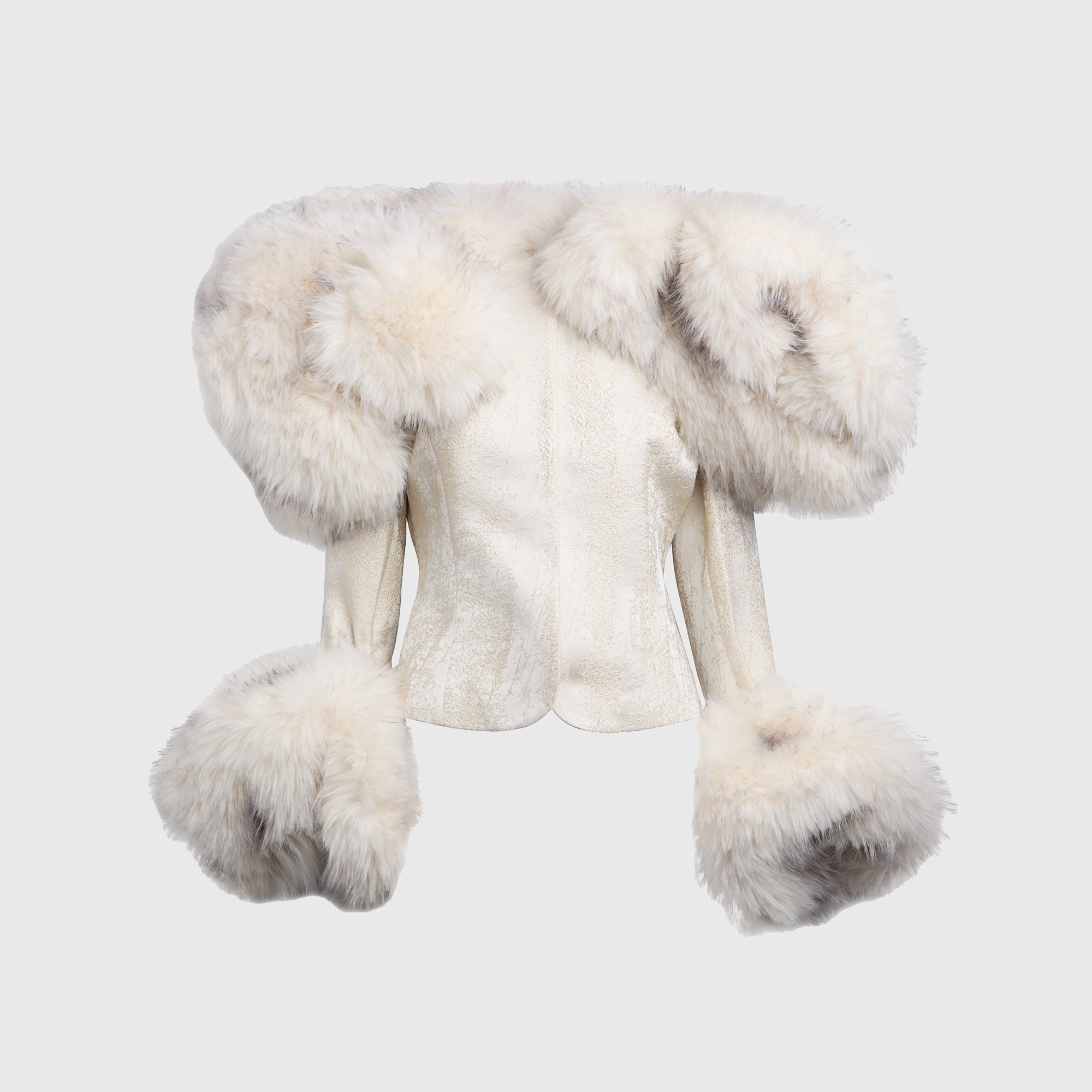 Kim Shui Angelina Faux Fur Trim Brocade Jacket - White Hooded Design Reinforced Seam Construction