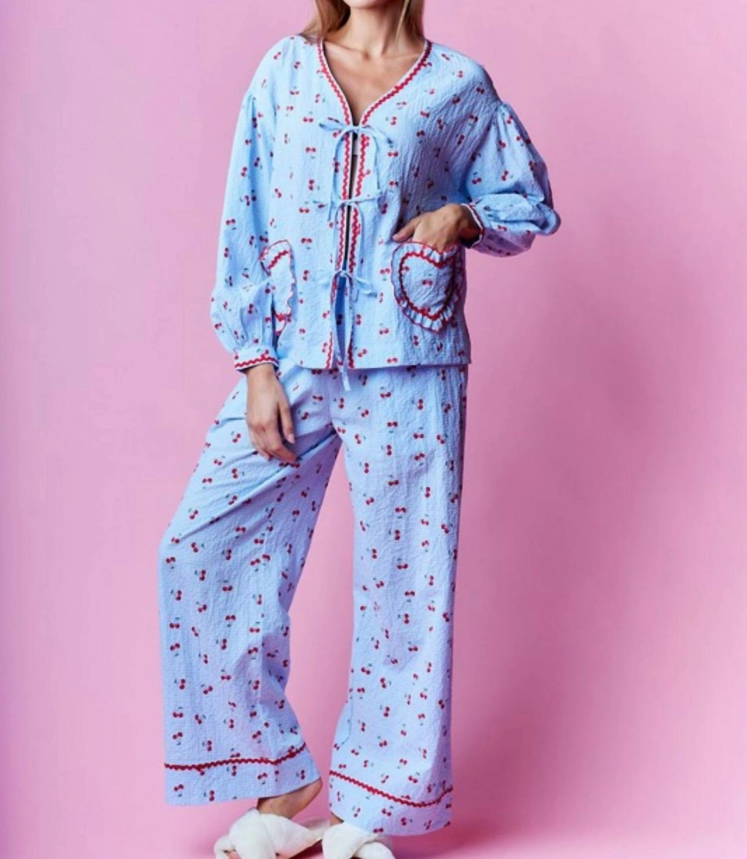 Cherry Heart Pajama Setset In Blue Multi Pocket Design