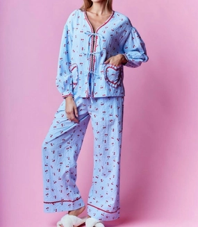 Cherry Heart Pajama Setset In Blue Multi Pocket Design