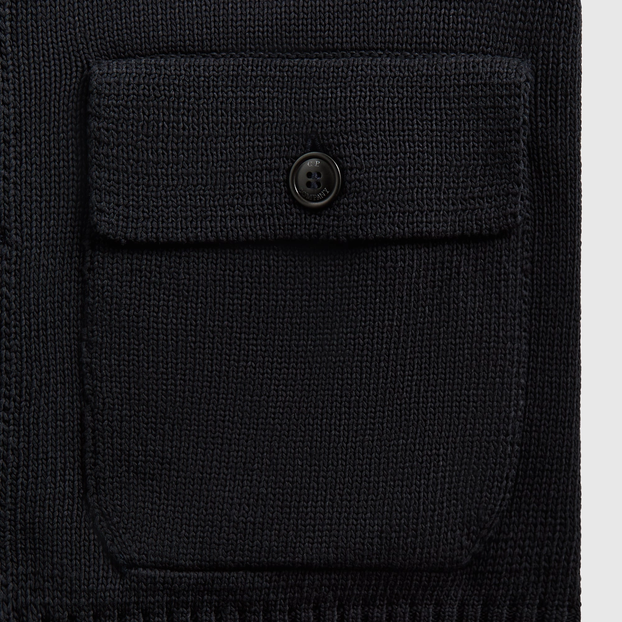 C.P. Company Compact Cotton Full Button Lens Knit - Total Eclipse ReversibleStyle Drop Tail Hem
