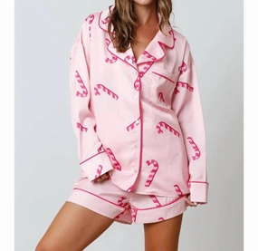 Candy Cane Pattern Pj Top In Pink Stretchable Cuffs Layered Neckline