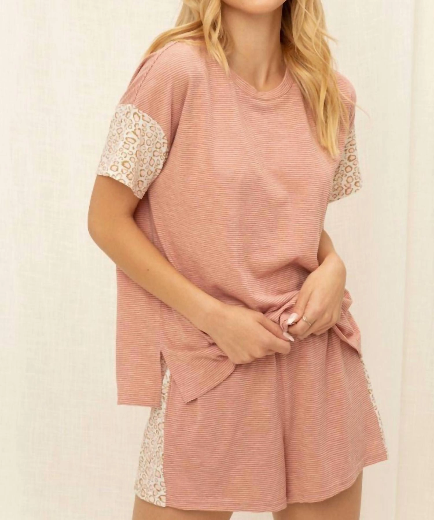Charlotte Stripe Leopard Top And Shorts Set In Pink Low Maintenance Care