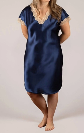 Charming Charmeuse Sleep Gown - Plus In Navy Ribbed Collar Design