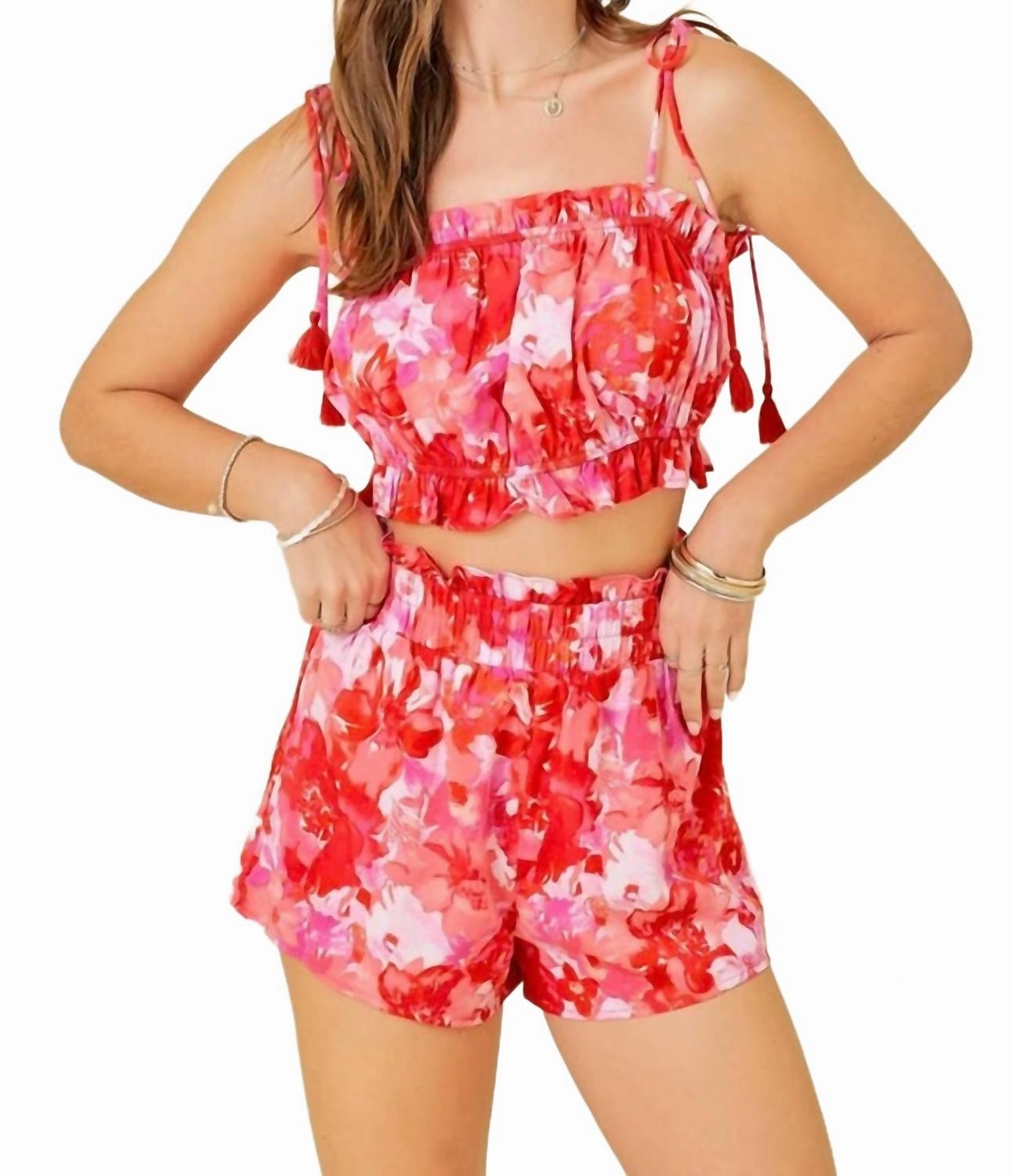 StainResistant Coating Chasity Floral Short Set In Red/pink