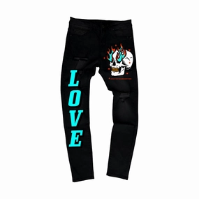 Men's Flame Skull Denim Jean In Black Chill Friendly