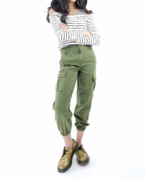 Front Zip Utility Cargo Jogger In Green AdjustableDrawstring