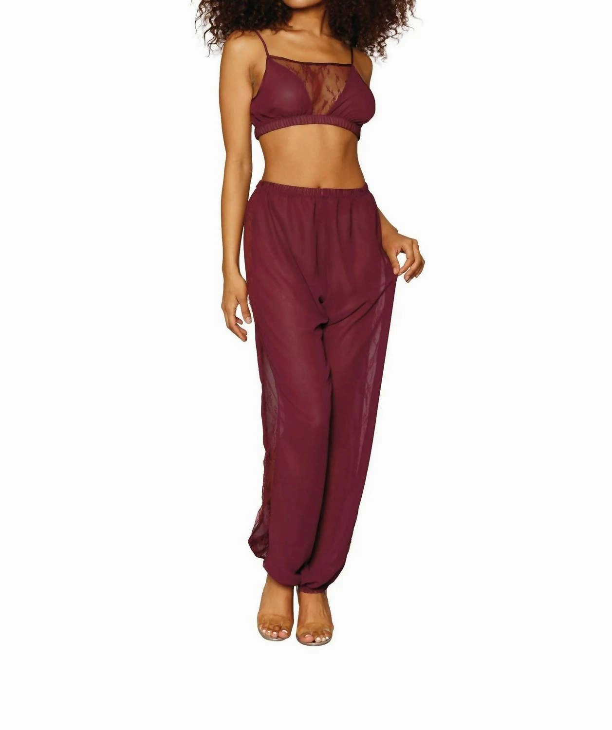 Chiffon And Lace Pajama Set In Burgundy Flatlock Seams Comfort waistband