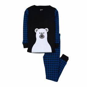 Moisture Wicking Fabric Textured Ribbed Collar Christmas Kids Two Piece Cotton Pajamas Full Bear