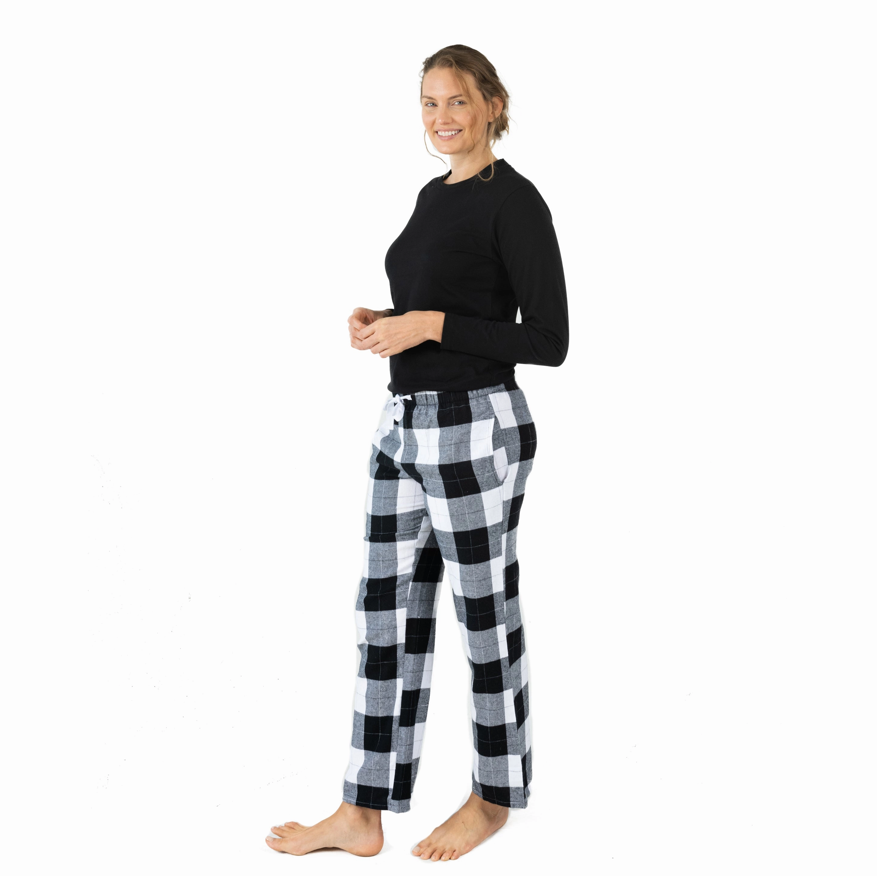 Christmas Womens Cotton Top Flannel Pant Pajamas Plaid Moisture Wicking Fabric Double Layered Hem