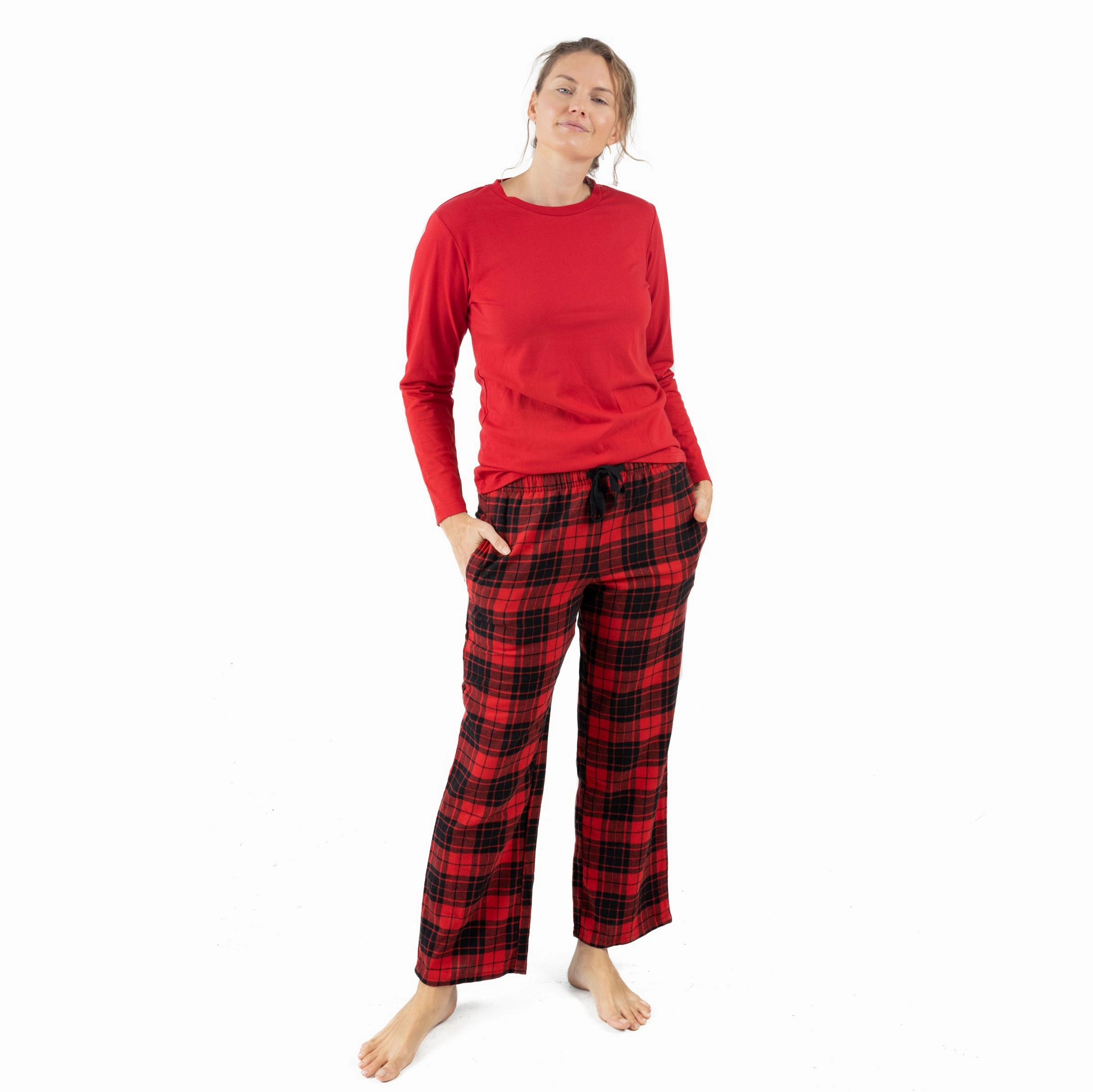 Seamless construction Oversized Silhouette Christmas Womens Cotton Top Flannel Pant Pajamas Plaid