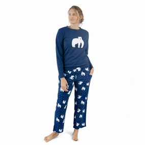 Christmas Womens Cotton Top Flannel Pant Pajamas Polar Bear Wide Collar