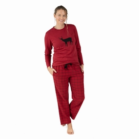 Drop Shoulder Construction No Roll Hemline Christmas Womens Cotton Top Flannel Pant Pajamas Reindeer