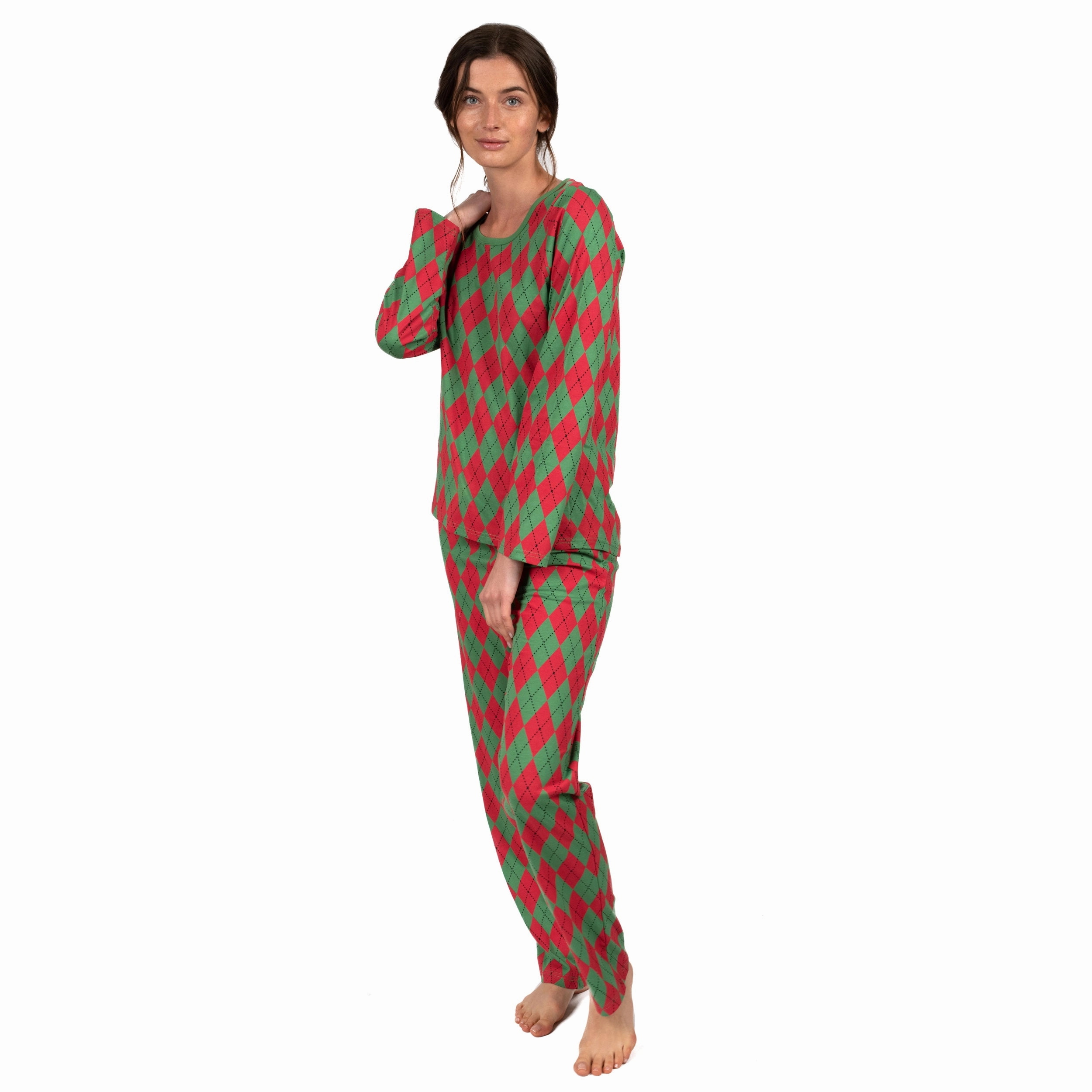 Convertible Features Christmas Womens Two Piece Cotton Loose Fit Pajamas Argyle