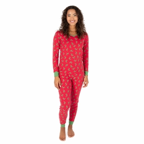 Christmas Womens Two Piece Cotton Pajamas Reindeer Red and Green VNeck Design Waffle Knit Texture