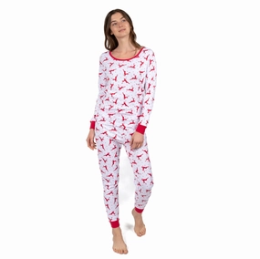 Christmas Womens Two Piece Cotton Pajamas Reindeer Red and White Airflow Optimized Texture