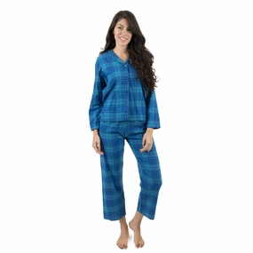 Christmas Womens Two Piece Flannel Pajamas Plaid Wide Collar AntiSlip Grip Hem