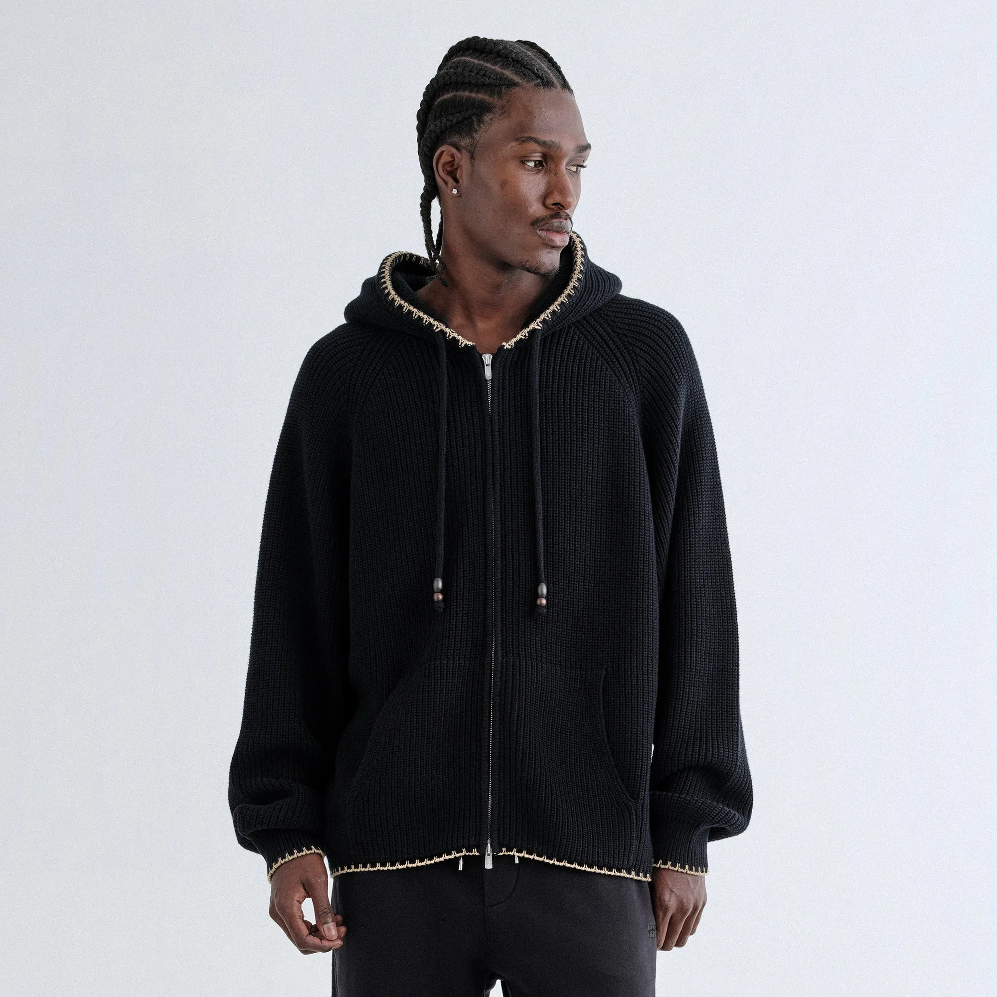 Flexible Waistband Kith Full Zip Miles Knit Hoodie - Black