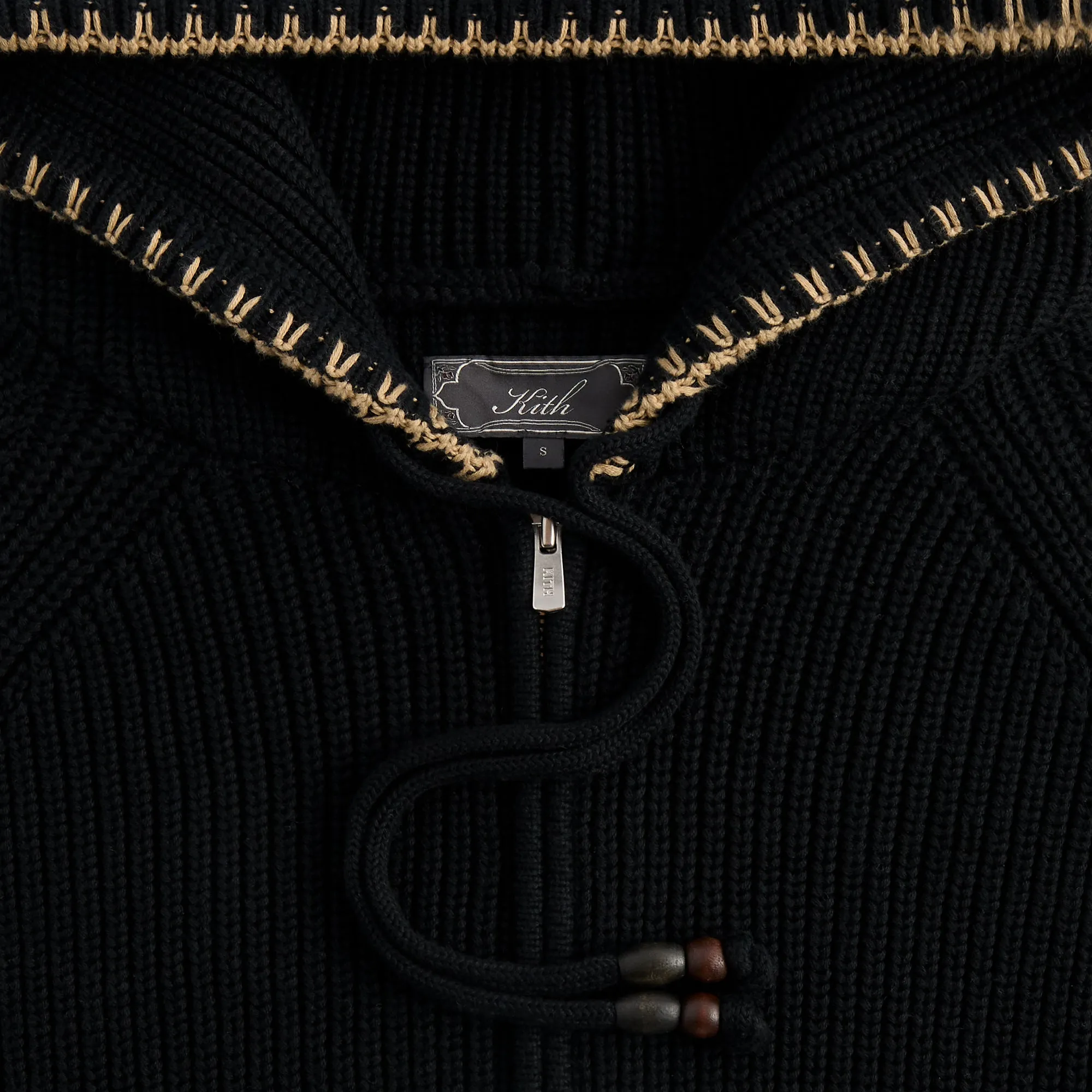 Textured Weave Heavyweight Terry Construction Kith Full Zip Miles Knit Hoodie - Black