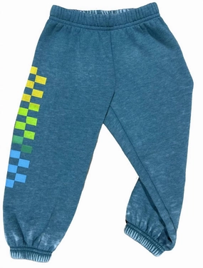 Kid's Rainbow Check Sweatpants In River Green Erasable Logo Patch Adjustable drawstring