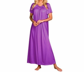 Flower Petal Embroidery And Flutter Sleeves Long Nightgown In Purple Reinforced Edges