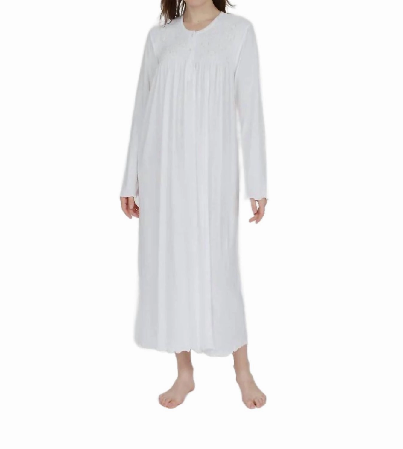 Textured Ribbed Collar Smocked Long Sleeve Nightgown In White