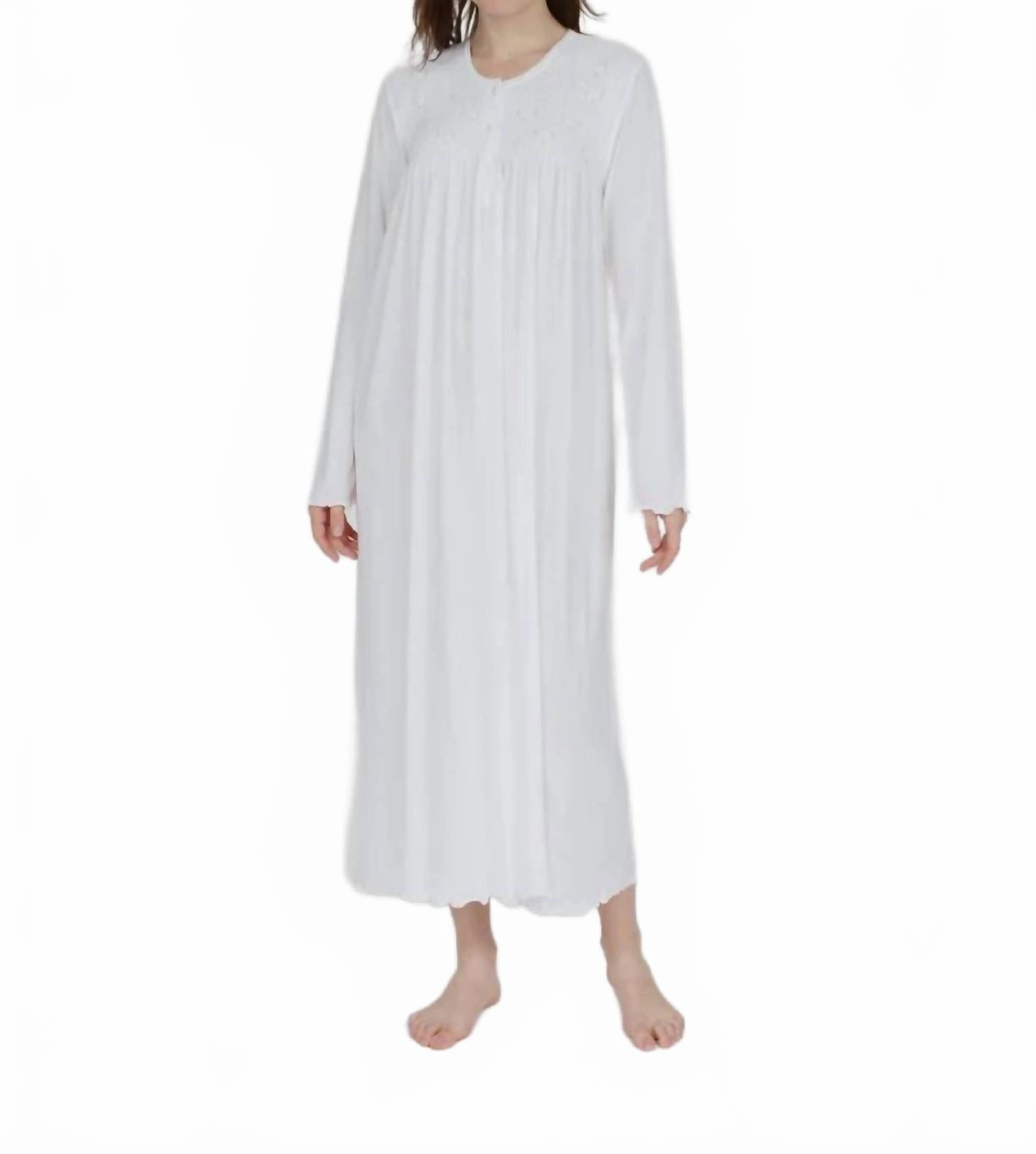 Thermal regulation Zipper Free Design Smocked Long Sleeve Nightgown In White