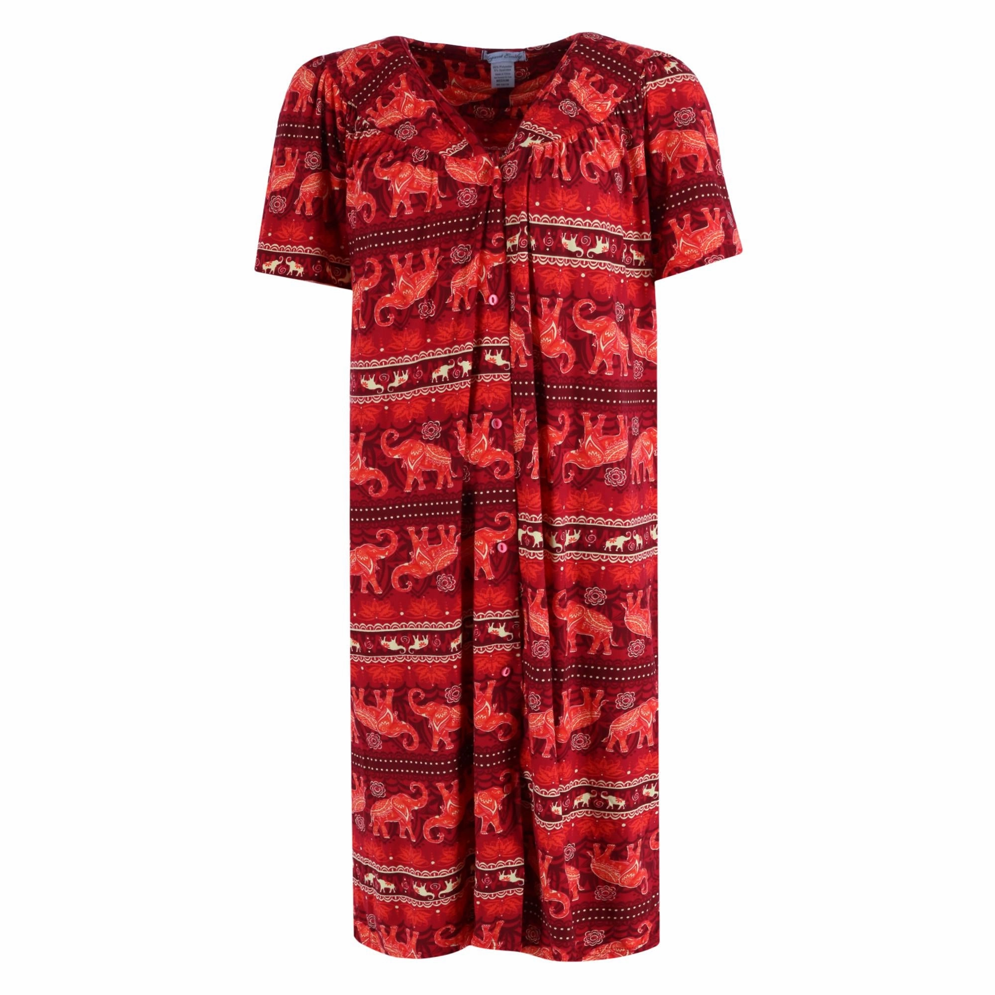 Women's Elephant Print Button Down Duster Gown Drop Shoulder Cut Waffle Knit Texture