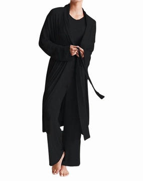 Collagen Lounge Robe In Classic Black Dropped Shoulder Cut Flexible Stretch Material