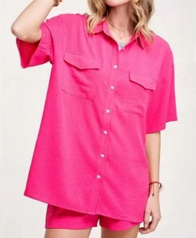 Odor Resistant Treatment Collared Textured Comfy Loungewear Set In Fuchsia