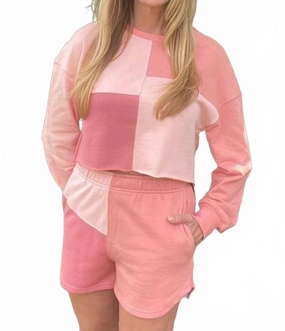 LowProfile Stitching Comfortable fit Colorblock Patchwork Long Sleeve Top And Shorts Set In Pink